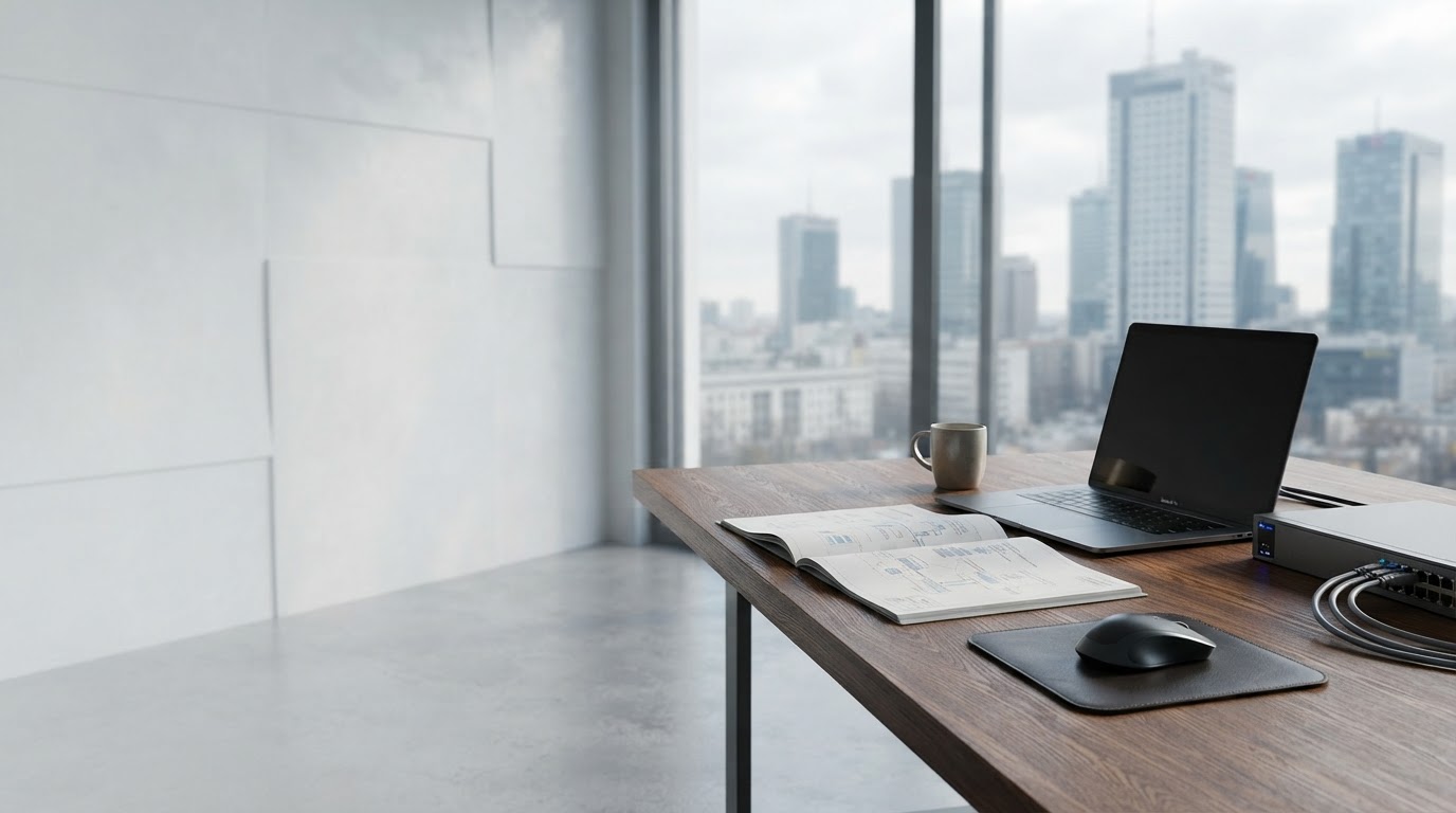 DMTrade.pl analyst reviewing real-time predictive data models on a secured remote workstation